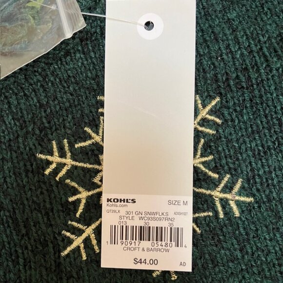NWT Croft and Barrow Hunter Green crewneck snowflake sweater size M - Picture 5 of 9